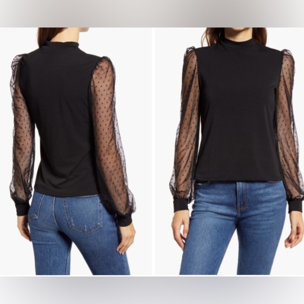 Halogen Mock Neck Mesh Sleeve Top, Size M